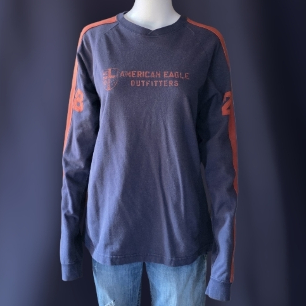 Vintage ​Y2K American Eagle Outfitters Navy & Orange Graphic Long Sleeve Shirt